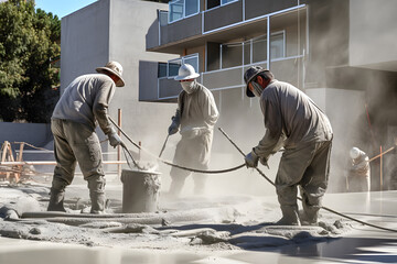 Workers mixing ad pouring concrete, mixing concrete, construction workers, building, construction