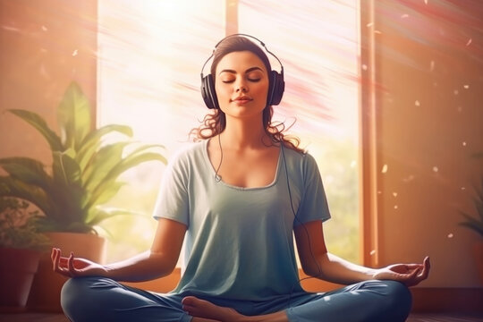 Young woman meditates with closed eyes and headphones, finding peace and serenity through soothing music. Represents yoga and meditation