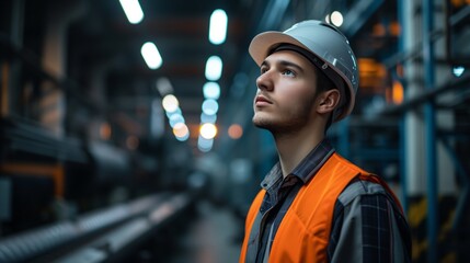 A photo of an engineer in a warehouse next to a conveyor, beautiful lighting