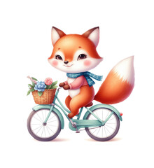 Little fox on a bicycle. Cute watercolor illustration isolated on transparent background