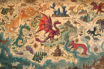 A hand-drawn map of a fantastical land, filled with mythical creatures and hidden treasures