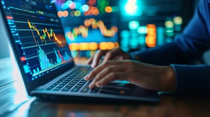 ERP, document management concept. Businessman working with laptop computer with icons on virtual screen and office blur background.
