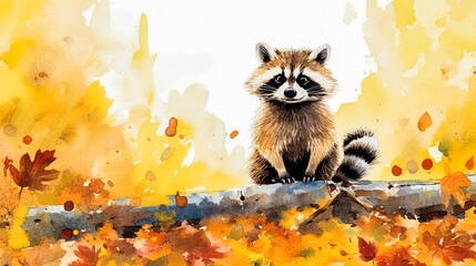 a raccoon nestled amidst the serene ambiance of an autumn forest
