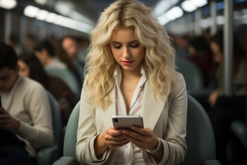Young elegant woman using mobile phone in the train while commuting to the work.