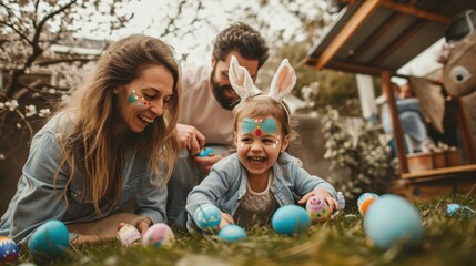 A family with painted faces shares laughter while engaging in an Easter egg hunt, with a young girl in bunny ears reaching for colorful eggs