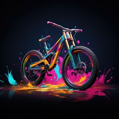 Colorful motocross bike with paint splashes on dark background