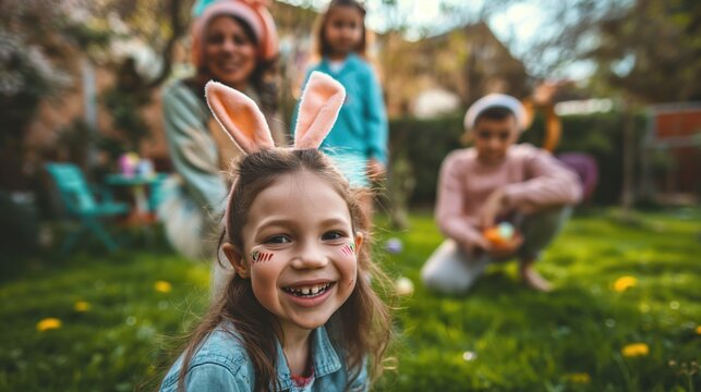 Family enjoying an Easter egg hunt in the backyard with a child wearing bunny ears.