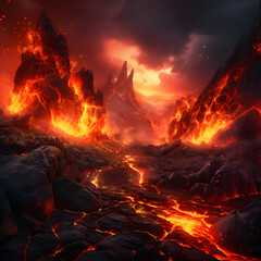 Design a volcanic-themed backdrop with crack textures and a ground fire burn pattern. This explosive composition adds drama to Generative AI,
