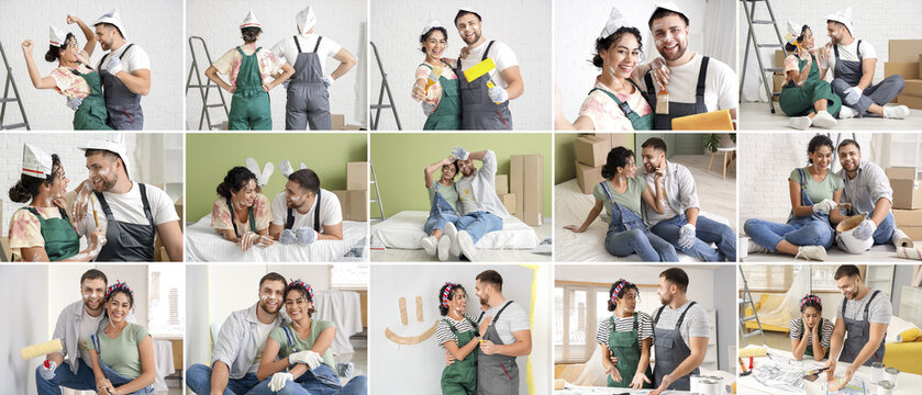 Collage of happy young couple during home repair