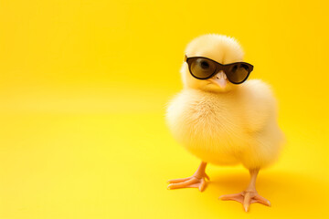 A fluffy yellow chick with stylish sunglasses on a bright yellow background.