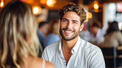 A charismatic businessman shares laughter with colleagues in a contemporary corporate setting, fostering connections and boosting workplace morale.