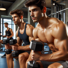 Fototapeta na wymiar Men with big muscles train with dumbbells in the gym, close up. Healthy lifestyle concept