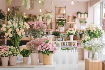 Fototapeta na wymiar A charming flower shop filled with bright light showcases elegant bouquets of roses and mixed blooms in soft pastel colors..