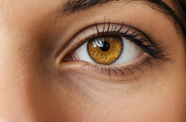 Close up of female eye beautiful hazel color. Macro view of an eye of young woman with beautiful eyelash and eyebrow. Closeup portrait.