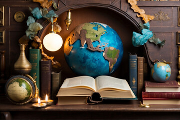 a background for a greeting card about world book day with book, earth, library and science ornaments
