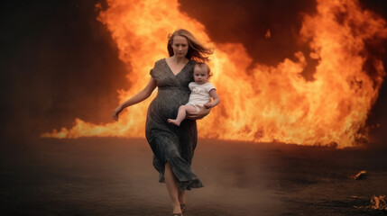 Mother and child run away from an explosion and fire in the background. War, technological disaster, earthquake concept.
