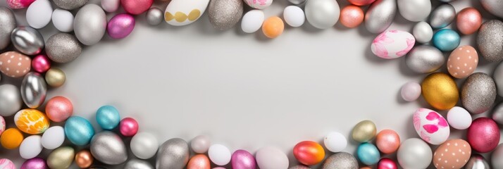Silver background with colorful easter eggs round frame 