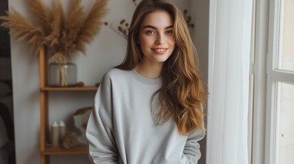 Fototapeta na wymiar Mockup photography of a natural smiling beautiful looking woman wearing a high quality grey sweatshirt. her hands in her jean pockets. bright room with natural lighting