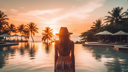 Silhouette of woman watching sunset by pool and palm trees - obrazy, fototapety, plakaty