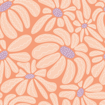 Aesthetic contemporary seamless pattern with daisy flowers in peach fuzz. Modern floral print for textile, fabric, wallpaper, wrapping, gift wrap, paper, scrapbook and packaging