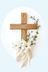 A wooden cross with flowers on a white surface. For Christian backgrounds, decorations, prints, a light simple Christian clipart element, oval composition