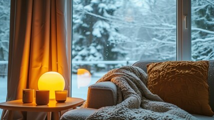Cozy living room with a soft throw over a couch, glowing table lamp, and snow visible through a large window