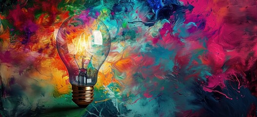 Abstract light bulb surrounded by dynamic bursts of vibrant colors.