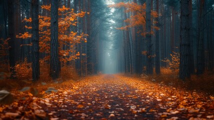 Walking a forest path, leaves falling, the beauty of autumn
