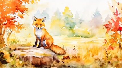 a fox seated amidst the serene ambiance of an autumn forest - obrazy, fototapety, plakaty
