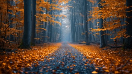 Dimly lit path through a forest with tall trees shedding their leaves, focusing on the simplicity and beauty of autumn