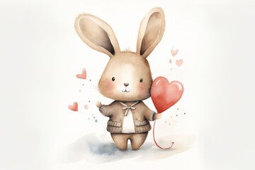 Adorable watercolor rabbit holding a red heart balloon, ideal for Valentine's cards and nursery decor.