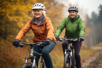 daughter and mother, a pensioner, ride bicycles in the autumn park. The concept of joint leisure with retired parents