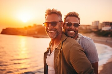 a couple of men smile and take a selfie against the backdrop of the sea and sunset. The concept of a tourist holiday and summer mood, an unconventional couple. - obrazy, fototapety, plakaty