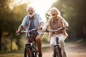a couple of active cheerful pensioners ride bicycles in the park. Active lifestyle and good health concept