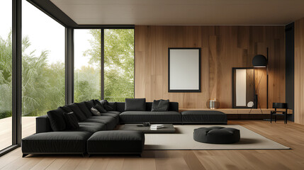 Fototapeta premium Modern living room, with wooden walls and black furniture, minimalist style. Interior design. Modern futuristic house.