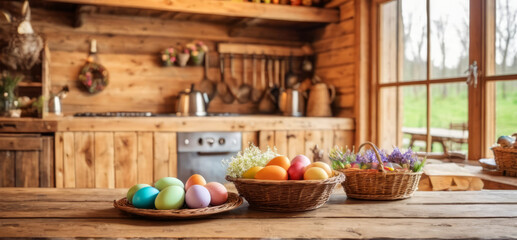 Pastel colored easter eggs in baskets on wooden tabletop at cozy rustic kitchen in cabin, out of...