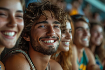 Friends laughing and cheering at a sports game, capturing the excitement and camaraderie of shared interests. Concept of sportsmanship and friendship. Generative Ai.