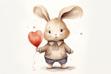 Adorable watercolor rabbit holding a red heart balloon, ideal for Valentine's cards and nursery decor.