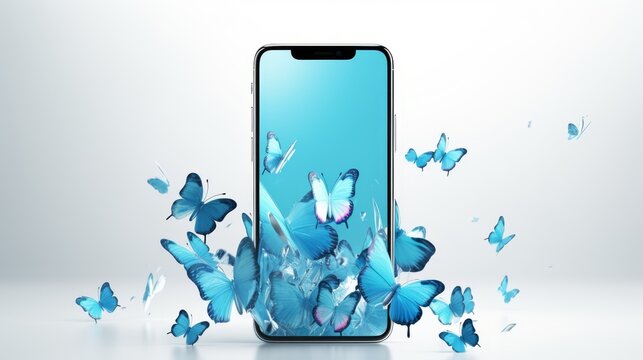 smartphone screen from which butterflies fly out. The concept of the latest technology and design, a picture that comes to life