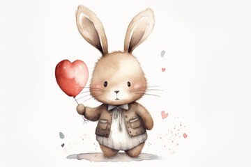 Obraz premium Adorable watercolor rabbit holding a red heart balloon, ideal for Valentine's cards and nursery decor.