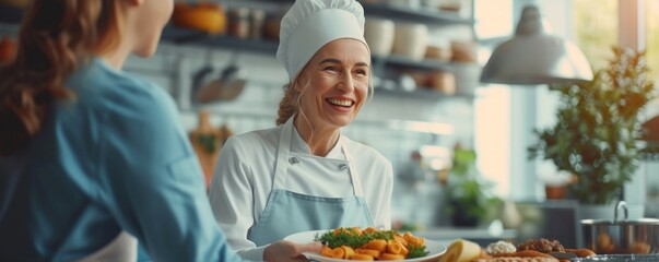 Woman in Chefs Hat Smiles Holding Plate of Food - obrazy, fototapety, plakaty