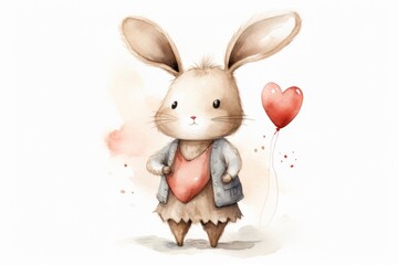 Adorable watercolor rabbit holding a red heart balloon, ideal for Valentine's cards and nursery decor.