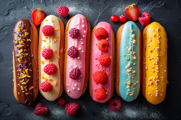 Group of french delicious colorful dessert Eclair on a  black background, top view