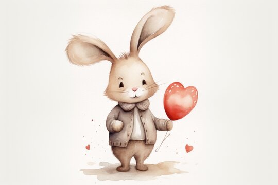 Adorable watercolor rabbit holding a red heart balloon, ideal for Valentine's cards and nursery decor.