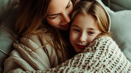 Mother and daughter hug and smile, Mother's Day