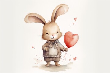 Obraz premium Adorable watercolor rabbit holding a red heart balloon, ideal for Valentine's cards and nursery decor.