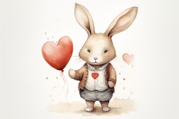 Obraz premium Adorable watercolor rabbit holding a heart-shaped balloon, ideal for Valentine's decor, children's illustrations, and greeting cards.