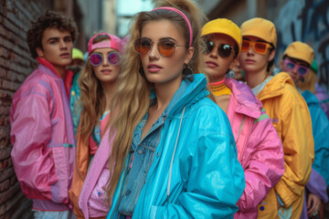 A group of friends donning neon legwarmers and high-tops at an 80s-themed costume party, reviving the fashion trends of the era. Concept of retro costume celebrations. Generative Ai.