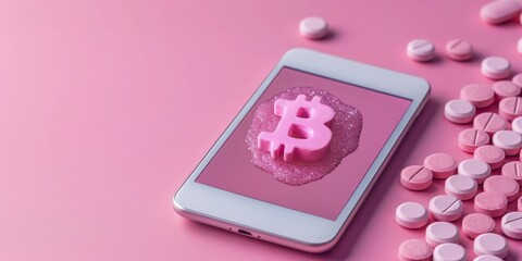 Money transfer and Bitcoin transactions. Smartphones with bitcoin sign on screen. Online cryptocurrency system concept. A bunch of pink pills. Pastel pink background.