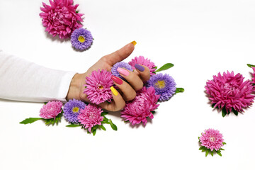 Multicolored manicure on long nails on a white background with asters.
